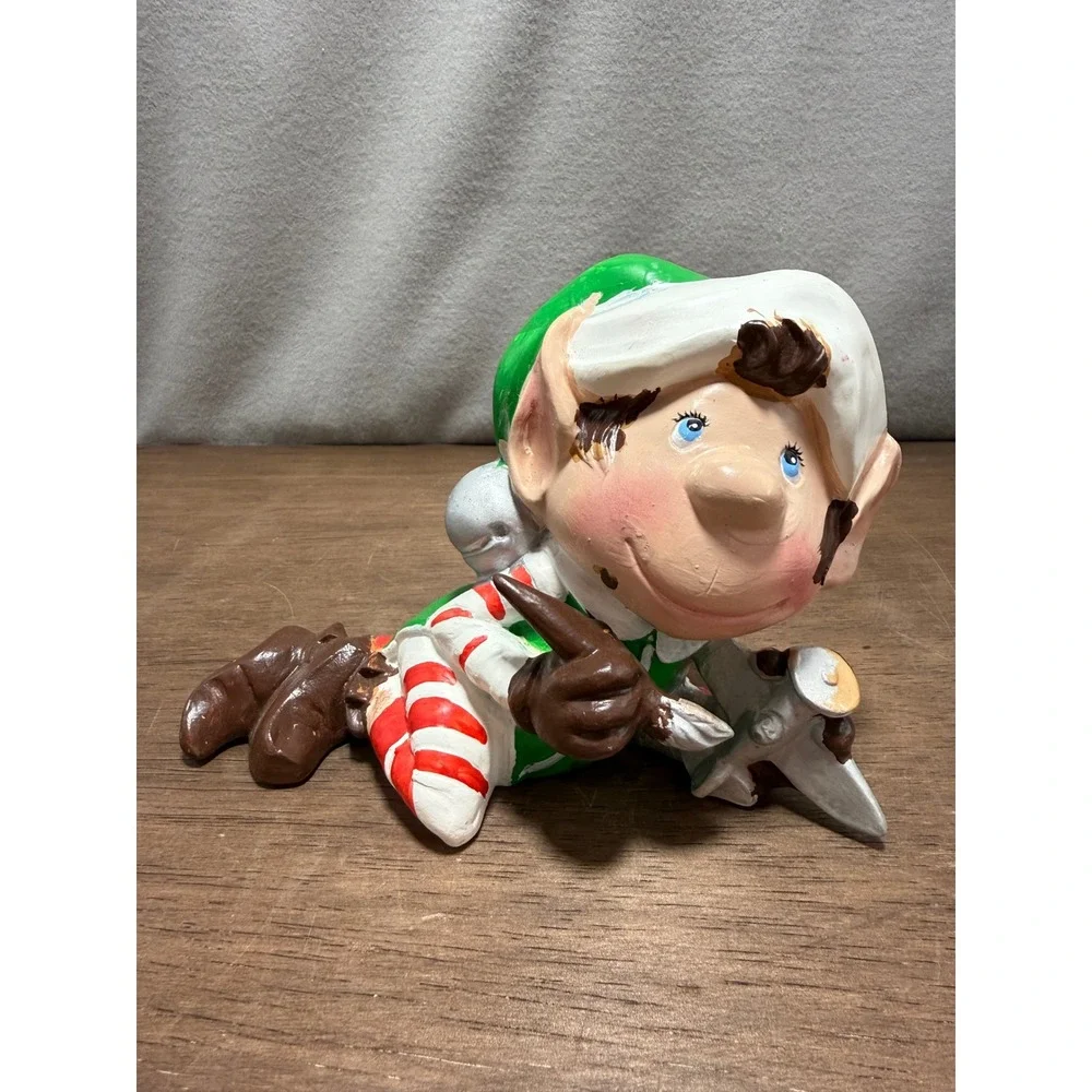 Gare Inc Vintage Christmas Elf Figurine Green Red White Hand Painted Kitsch 7in